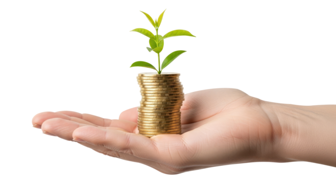 Hand Holding Stack of Coins With Sprout Isolated on Transparent PNG Background.