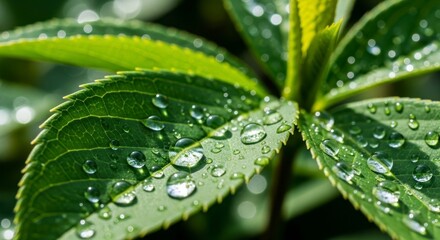 Close-up view of vibrant green leaves, glistening with water droplets, showcasing intricate leaf details.