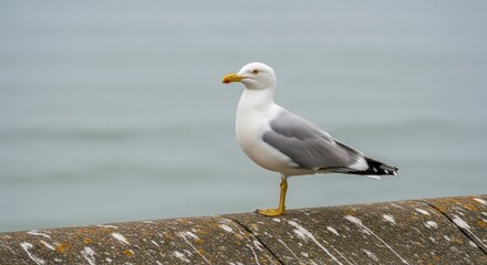 Fototapeta premium Coastal Sentinel: A Sharp Profile of a Seagull on a Weathered Seawall