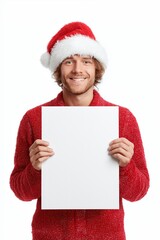 Smiling man in Santa hat and red sweater holding a blank white sign. Christmas mockup for text, holiday message, greeting card, or festive promotion