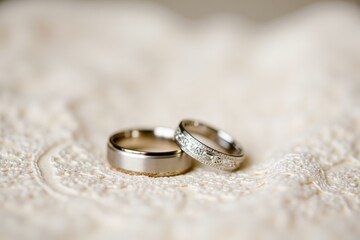A close-up of wedding rings resting on a delicate lace fabric. Soft light highlights the intricate details of the rings and lace