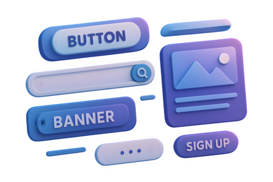 Stylized 3D Floating Web Design Components with Buttons, Banners, and Cards Isolated on Transparent Background