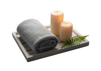 Spa set with lit candles and a folded towel on a wooden tray, isolated on a transparent background.

