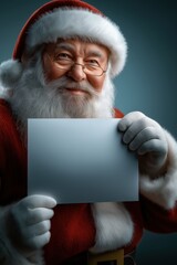 Smiling Santa Claus in red costume holding a blank white sign. Perfect for Christmas greeting cards, holiday promotions, festive banners, and ads