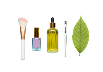 Flat lay of beauty products and a fall leaf, isolated on a transparent background.

