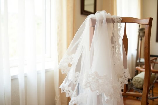 A delicate wedding veil with lace edges is draped over a wooden chair in a sunlit room. The background shows soft curtains and a vintage mirror - Powered by Adobe