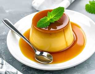 Creamy custard dessert topped with caramel and mint