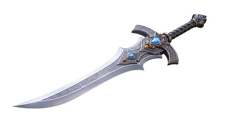Ornate, silver-plated blade with blue gems and golden accents, angled against a plain white background.