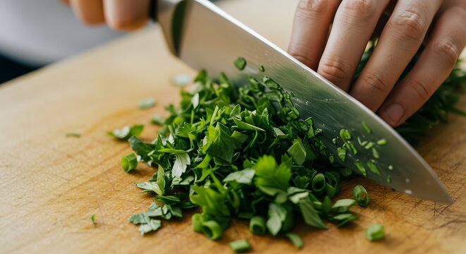 Chopping herbs with knife on a wooden cutting board for culinary preparation - Powered by Adobe