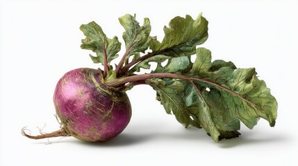 Purple radish with leaves on white background