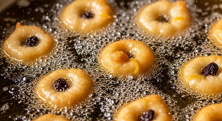 Golden Brown Donuts Frying in Hot Oil.