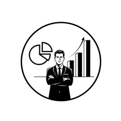 Businessman with arms crossed in front of financial charts and graphs