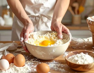 A bowl of flour with cracked eggs in the center, held by flour-dusted hands