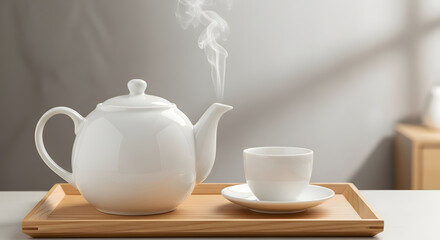 Steaming White Teapot and Teacup on Wooden Tray with Soft Natural Light Peaceful Morning