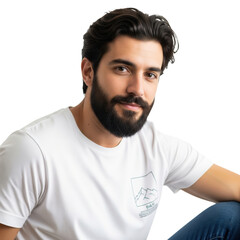 Smiling bearded man in a white t-shirt, isolated on a transparent background.

