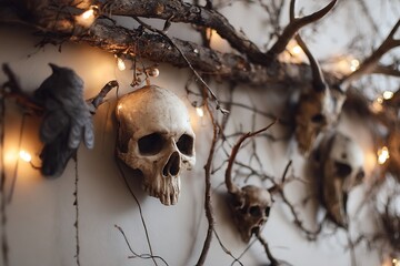 A spooky wall hanging made of dried branches, skull ornaments, and flickering fairy lights 