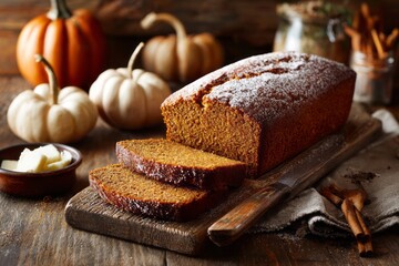 Freshly baked pumpkin bread with spices on rustic wooden table setting. Pumpkin Spice Bread