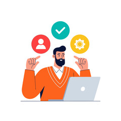 Man with laptop and icons for tasks, settings, and user