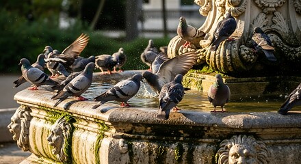Flock of city pigeons bathing and drinking from an old ornate stone fountain in a park.