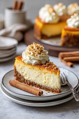 Slice of pumpkin cheesecake with whipped cream on ceramic plate close-up shot. Pumpkin Spice Cheesecake, concept of dessert