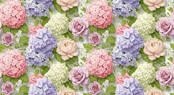 Fototapeta Floral Abundance - A Tapestry of Hydrangeas and Roses.