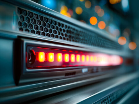 Data center server with illuminated status LEDs and ventilation grid in a modern technology environment