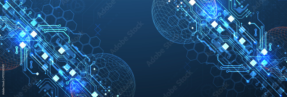 Wall mural abstract circuit board background with sphere. hi-tech digital technology concept. vector.