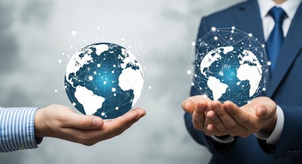 Global Synergy: Businessmen Holding Digital Earths with Plexus Network Connections.