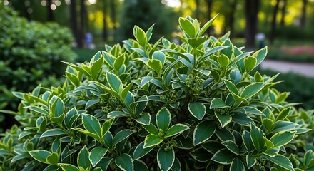 Green shrub with variegated leaves in a garden.