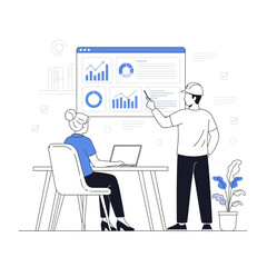 Two people analyzing data on a dashboard