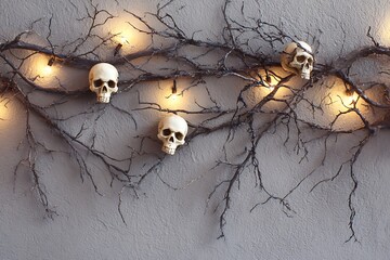 A spooky wall hanging made of dried branches, skull ornaments, and flickering fairy lights 