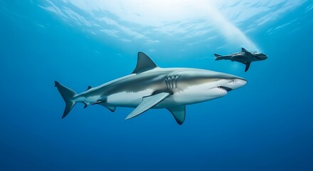 Fototapeta premium Ocean Predator - A Great White Shark and Remora Fish.