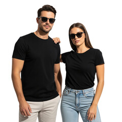 Young couple wearing blank black t-shirts and sunglasses, isolated on a transparent background.

