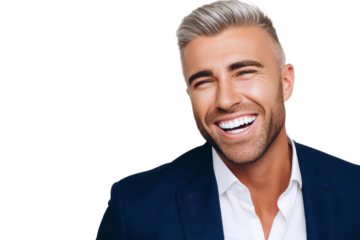 Stylish young man with short blonde hair wearing a dark blazer and white shirt, smiling confidently against a transparent background