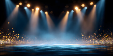 Fototapeta premium Dynamic stage illuminated by stunning spotlights and sparkling bokeh lights for a magical event space