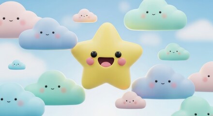 A cheerful star and playful clouds float in a pastel sky, creating a lighthearted and optimistic mood.