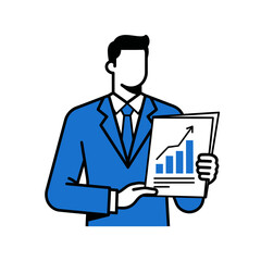 Businessman in blue suit holding a report with a growing bar chart