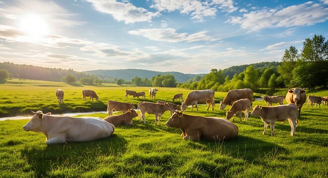 Cows grazing in a lush green meadow with a beautiful sunset in the background.
