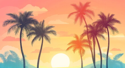 Obraz premium Colorful sunset illuminates palm trees against a serene landscape, creating a tranquil atmosphere in a tropical setting.