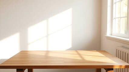 Fototapeta premium Minimalist wooden desk bathed in morning sunlight, offering a clean and inspiring workspace.