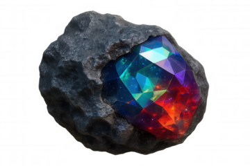 Vibrant crystal formation emerging within rocky asteroid surface, glowing against transparent backdrop for sci-fi digital artwork