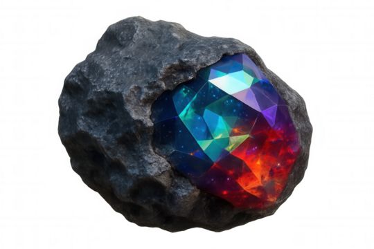 Vibrant crystal formation emerging within rocky asteroid surface, glowing against transparent backdrop for sci-fi digital artwork
