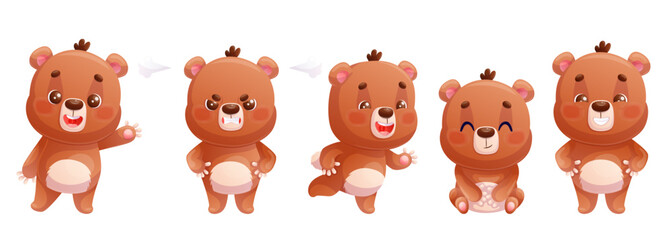Fototapeta premium A set of cute bears performing various actions. Standing, sitting, running, waving your arms. Cartoon children's vector illustration for the design of postcards, postcards, prints, textiles, stickers