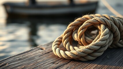 Fototapeta premium Close-up of a thick coiled rope on a weathered wooden dock, symbolizing unity with soft morning light.