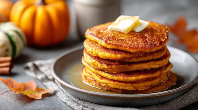 Stack of pumpkin pancakes with butter on rustic wooden autumn breakfast table. Stack of fluffy pumpkin spice pancakes with maple syrup and butter, concept of cozy autumn breakfast