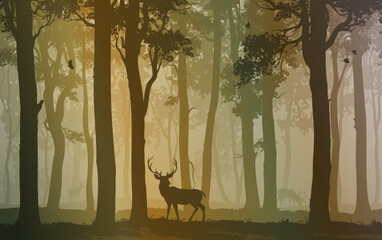 Vector background with a deer in the forest. Good detail, beautiful color scheme, nice soft light