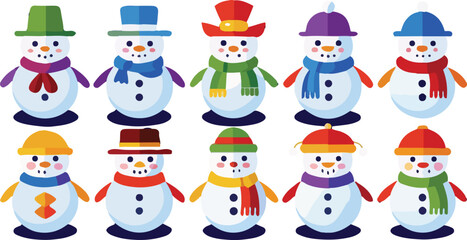 Cute Cartoon Snowman Icon Set – Cute Christmas and Winter Holiday Vector Collection of  Festive Designs
