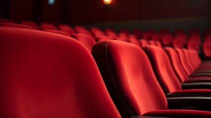 A cozy red velvet movie theater seat, dimly lit with a blurred background of the theater.