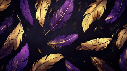 A decorative pattern featuring purple and gold feathers on a dark background.