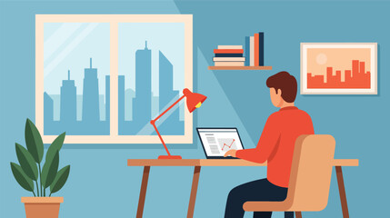 Man in a red shirt working on a laptop at his desk